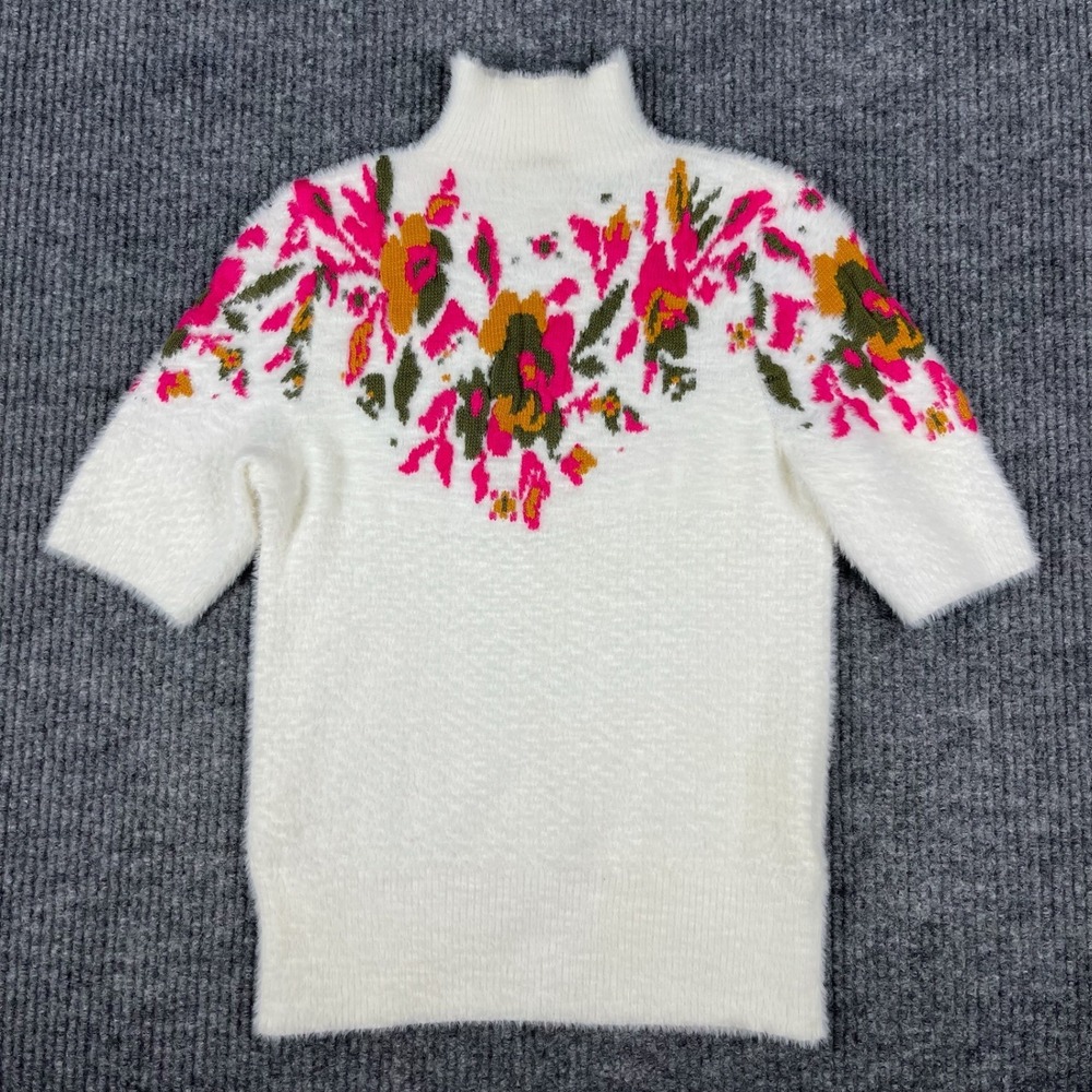 Anthropologie Sweater Womens S White Floral Fuzzy Knit Mock Neck Short Sleeve